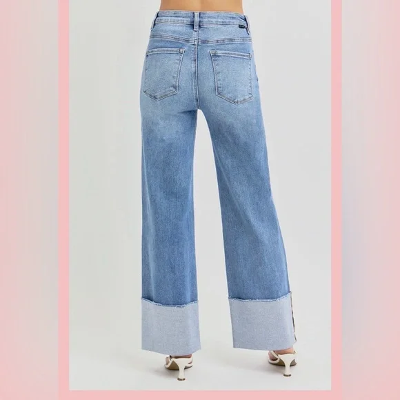 Risen Chic Light Blue Wide Leg Jeans with chuffed bottoms w/ light distress 9/29 - Picture 4 of 10